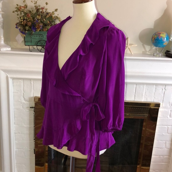 🌹Nanette lepore silk purple wrap ruffles top Sz 6 - Picture 2 of 5